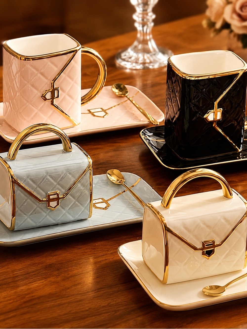 Quilted Handbag Porcelain Cup & Saucer Set of 4 - Pink, Black, Blue, Cream